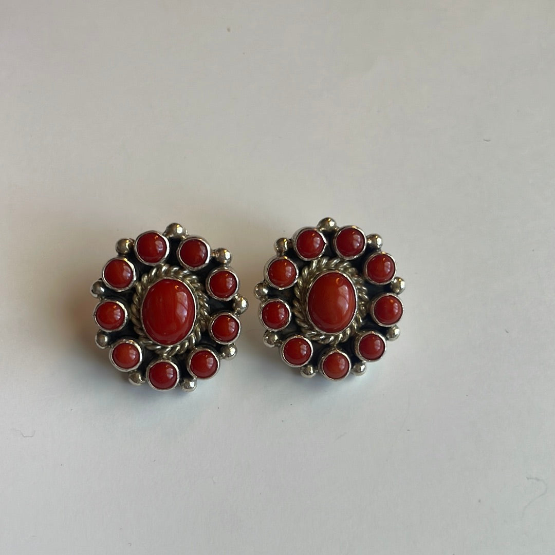 Vintage Navajo Natural Coral And Sterling Silver Post Earrings