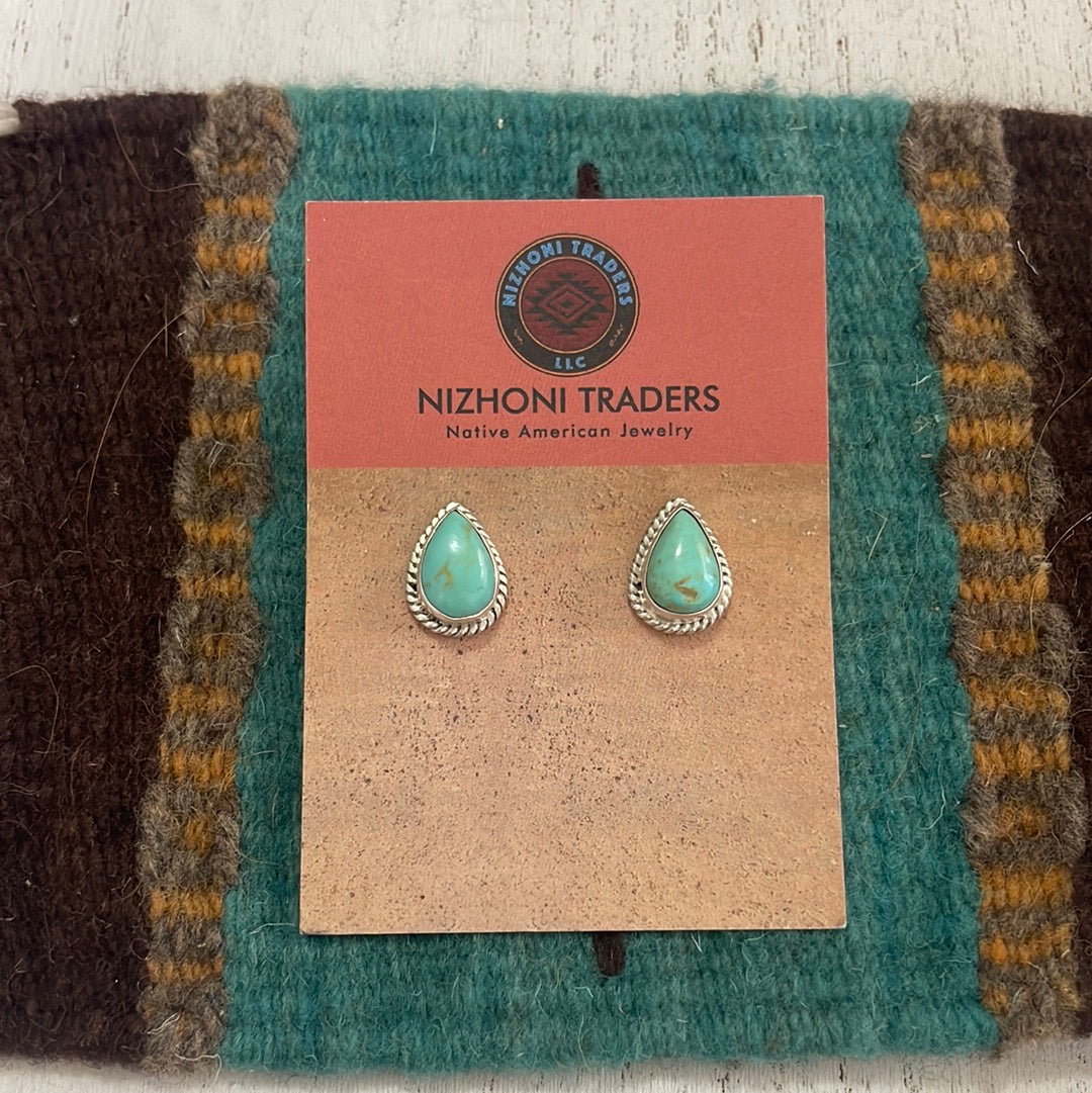 Navajo Sterling Silver & Turquoise Tear Drop Stud Earrings Signed
