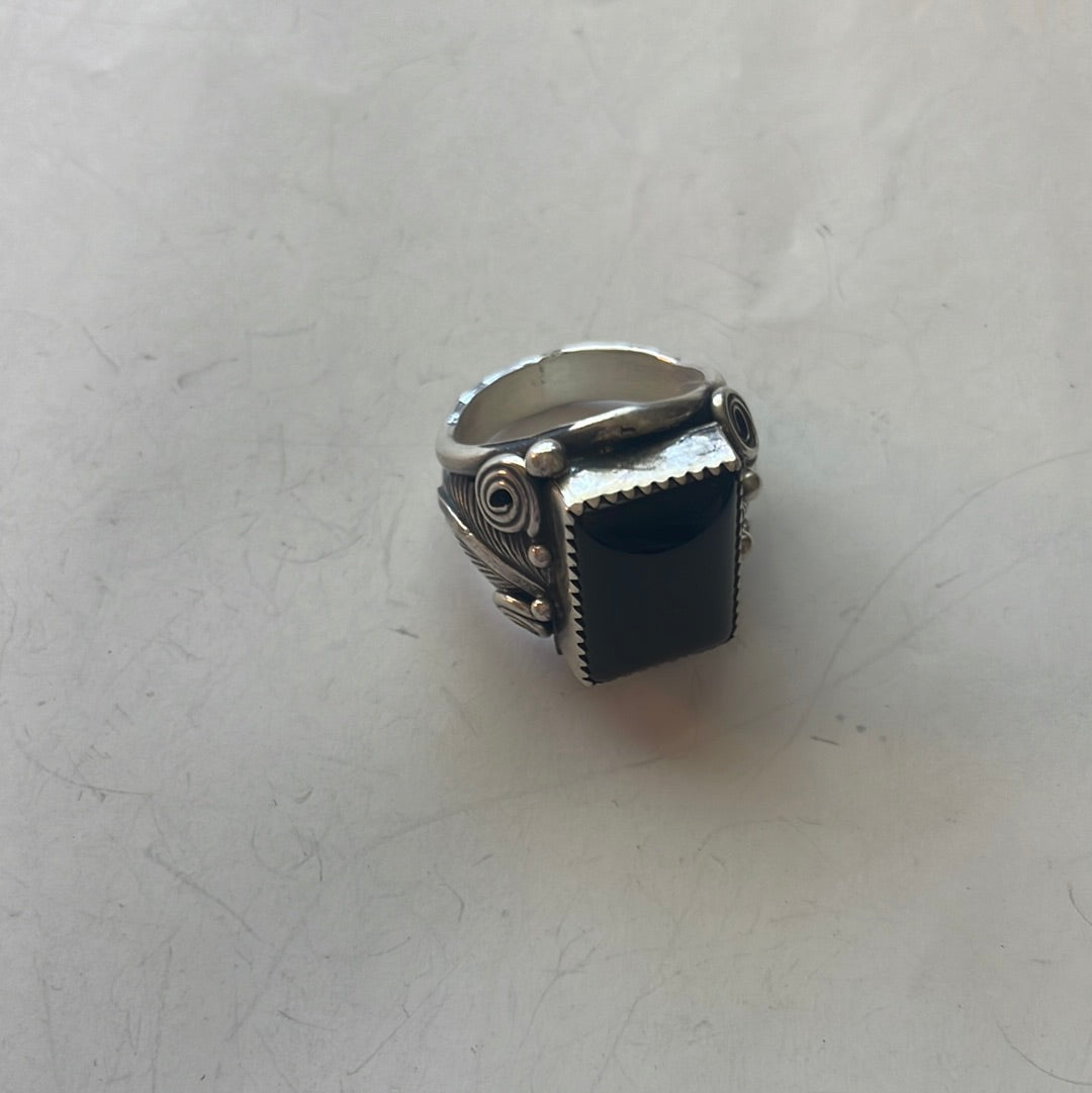 Navajo Sterling Silver & Black Onyx Rectangluar Ring Size 9.5