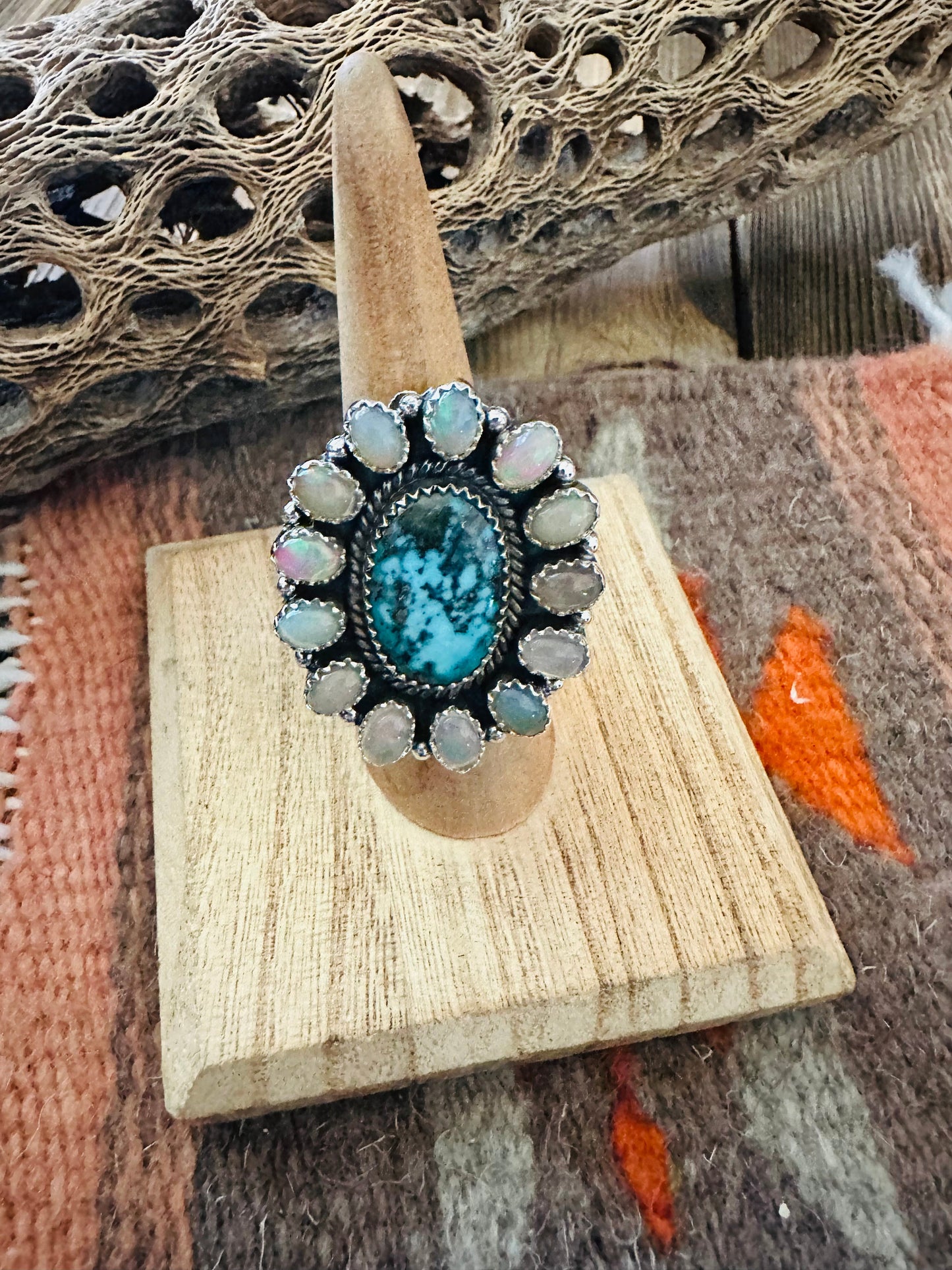 Handmade Sterling Silver Turquoise & Opal Cluster Adjustable Ring