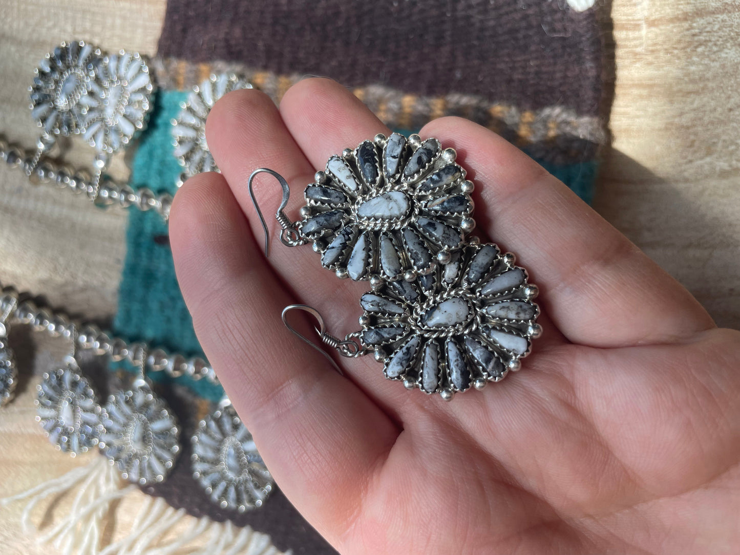 Navajo Sterling Silver & White Buffalo Necklace & Earrings Set Signed