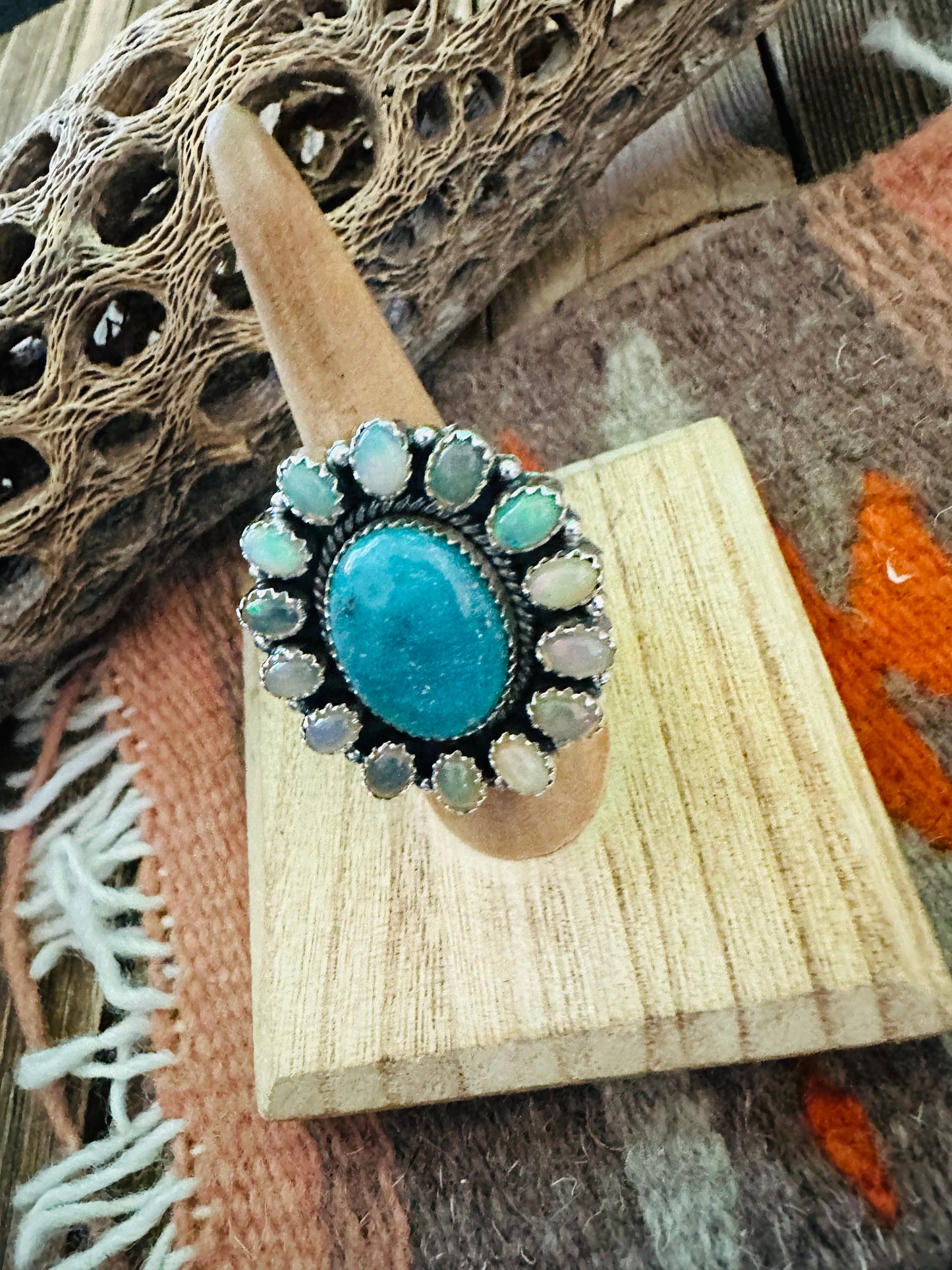 Handmade Sterling Silver Turquoise & Opal Cluster Adjustable Ring