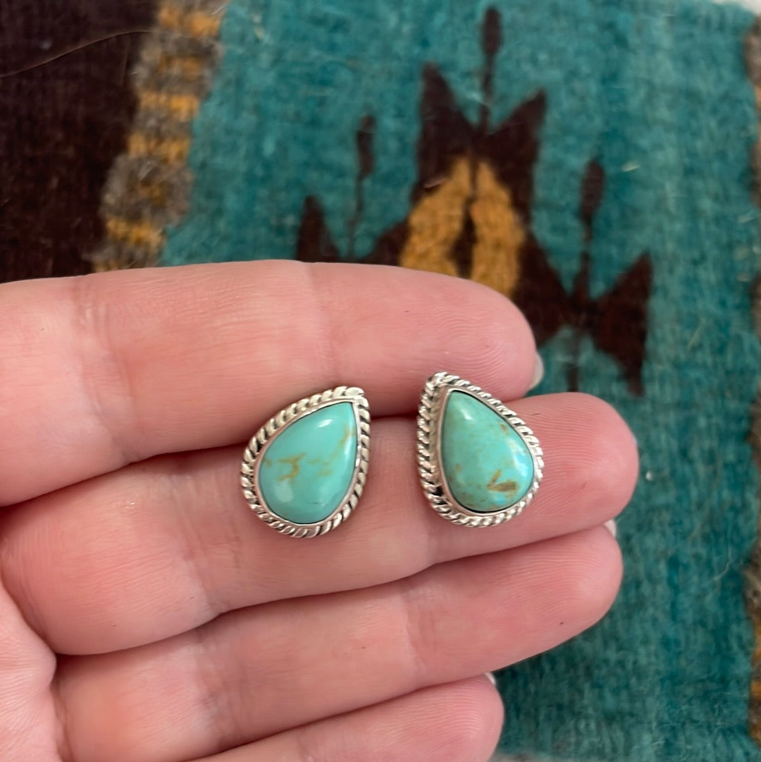 Navajo Sterling Silver & Turquoise Tear Drop Stud Earrings Signed