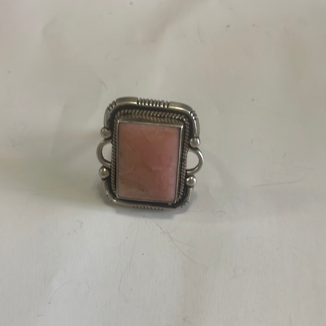 Gorgeous Navajo Pink Peruvian Opal And Sterling Silver Adjustable Ring