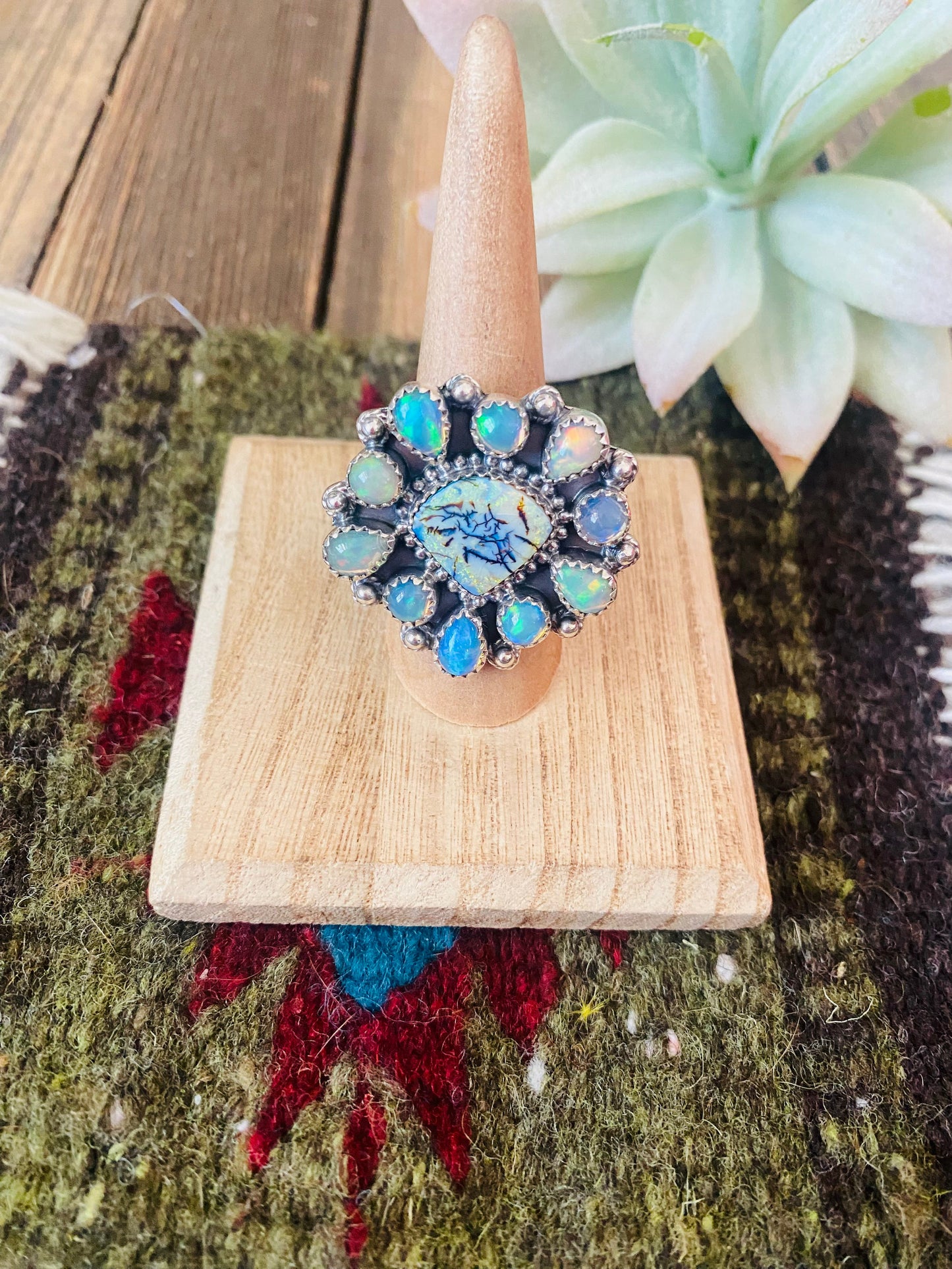 Handmade Sterling Silver & Opal Cluster Adjustable Ring