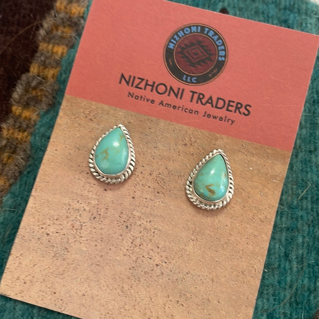 Navajo Sterling Silver & Turquoise Tear Drop Stud Earrings Signed