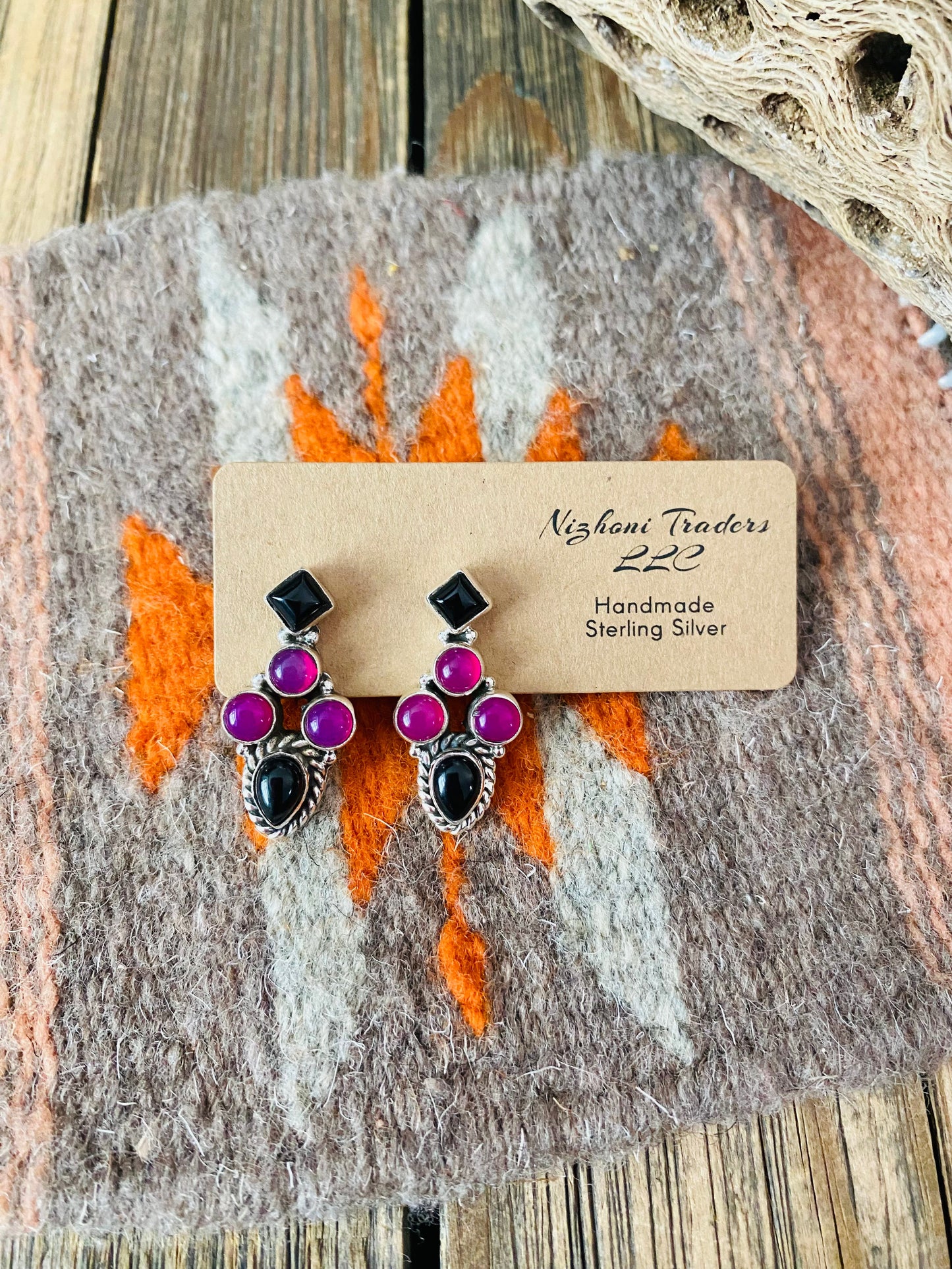 Handmade Pink & Black Onyx Sterling Silver Post Earrings Signed Nizhoni