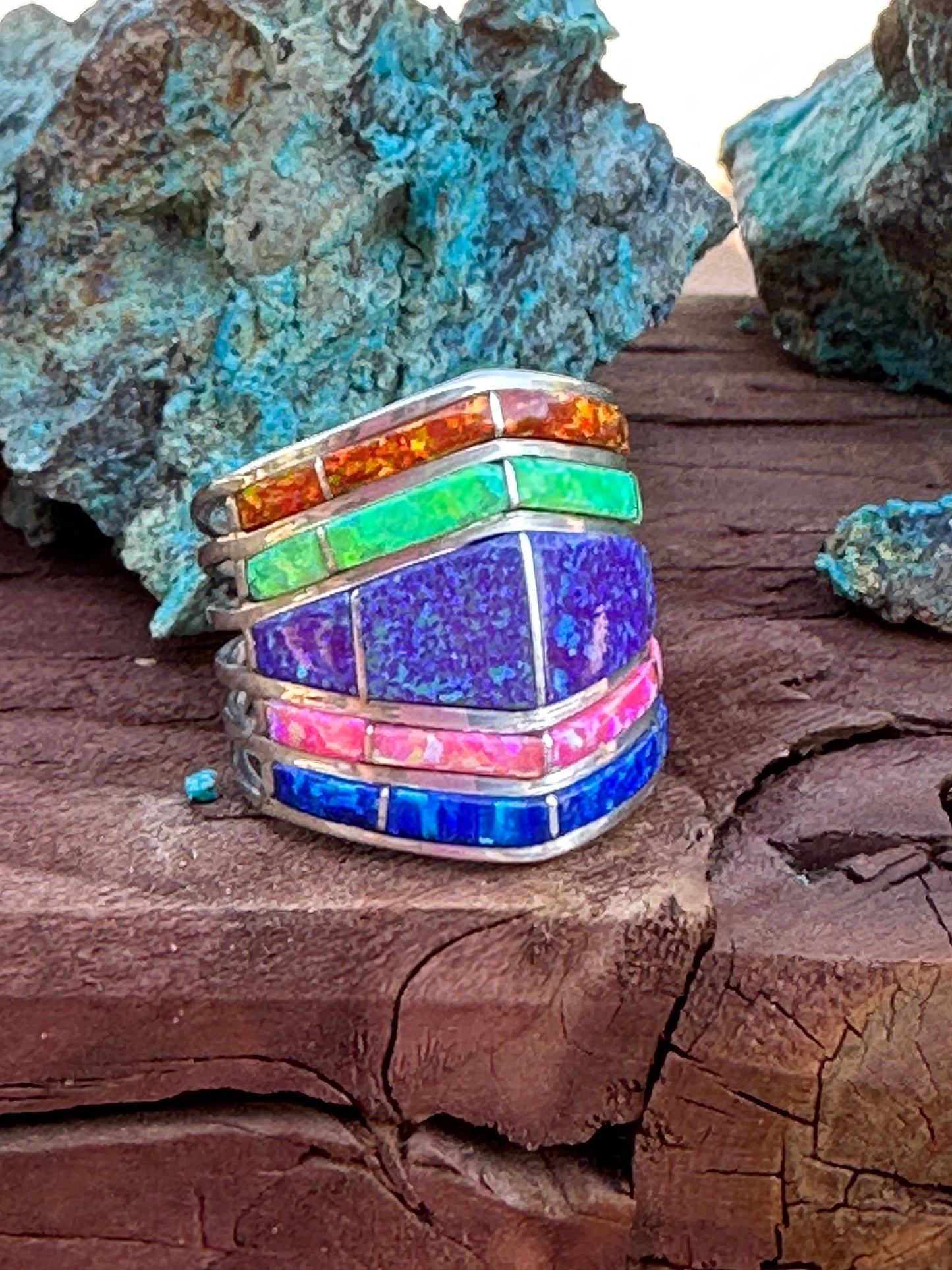 Zuni Sterling Silver Tri Color Opal Inlay Stacker Ring