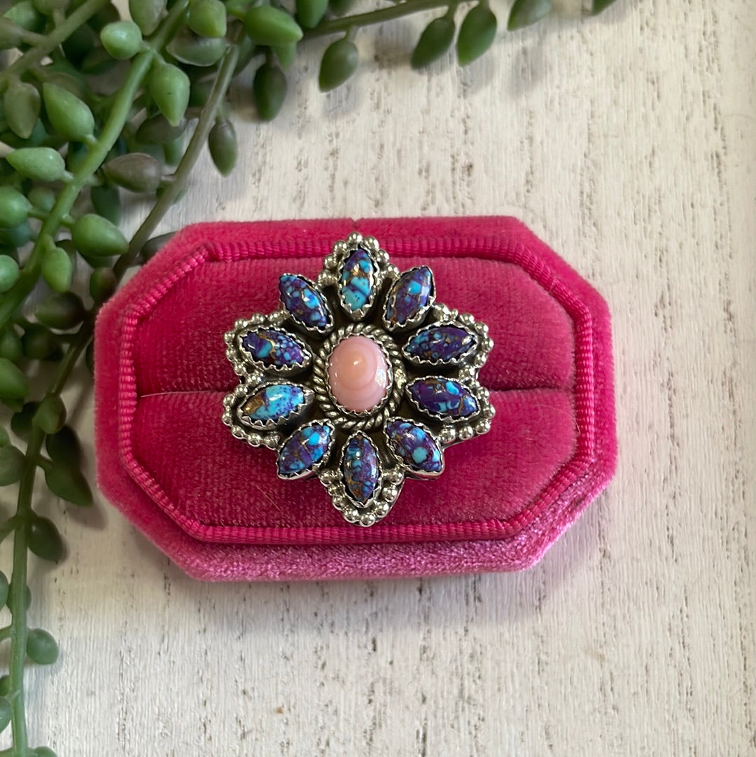 “Buy Me Flowers” Sterling Silver, Purple Dream Mojave & Pink Conch Adjustable Ring
