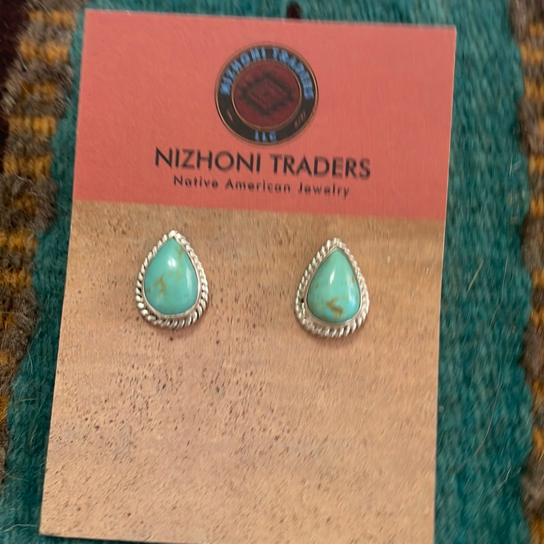 Navajo Sterling Silver & Turquoise Tear Drop Stud Earrings Signed