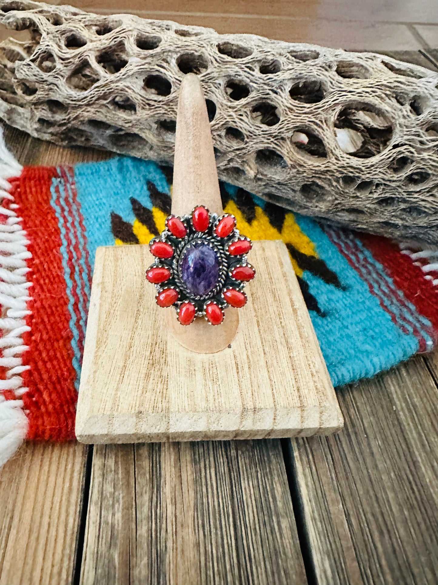 Handmade Sterling Silver, Charoite & Coral Cluster Adjustable Ring