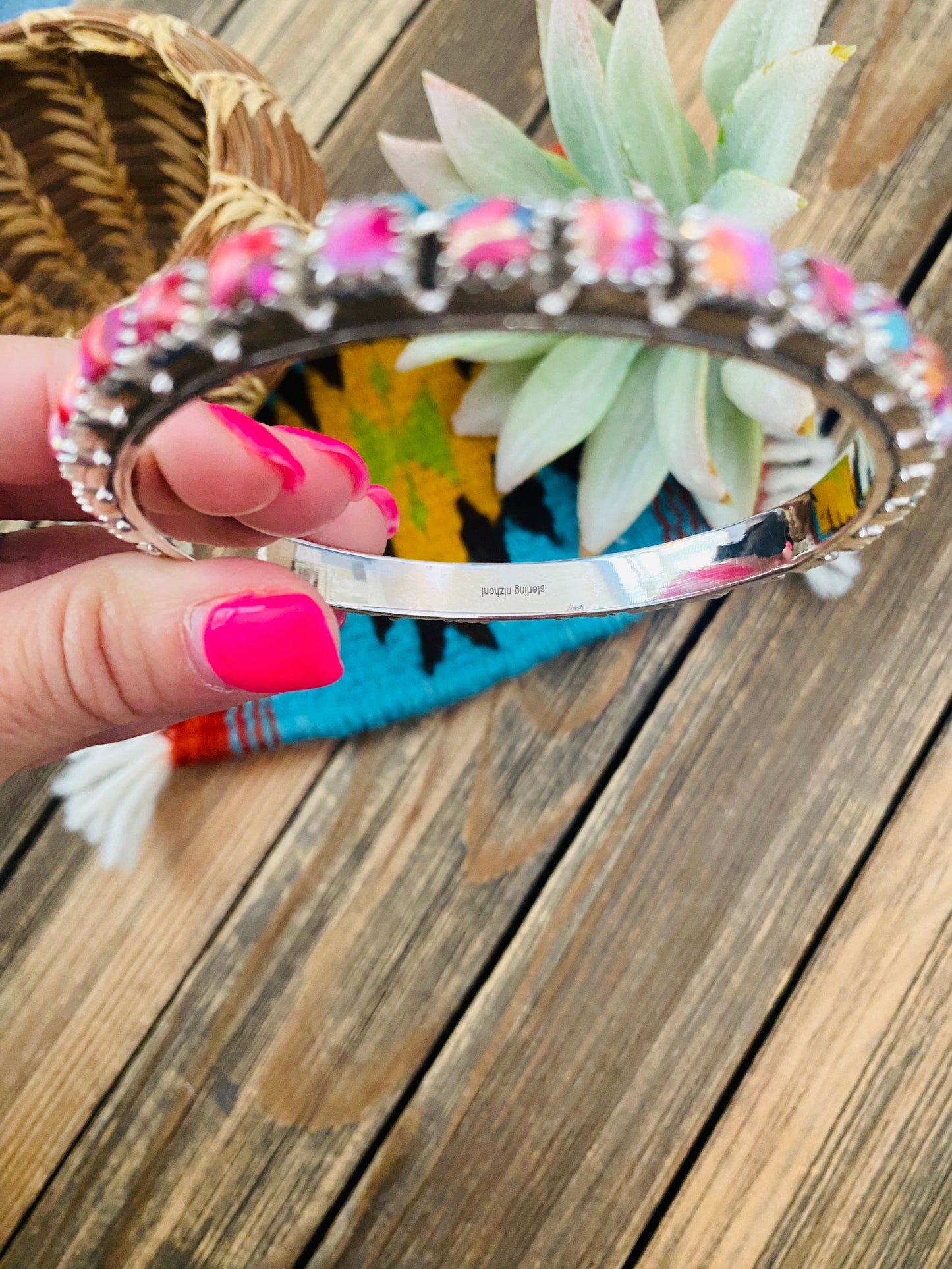 Handmade Pink Dream Mojave & Sterling Silver Bangle Bracelet