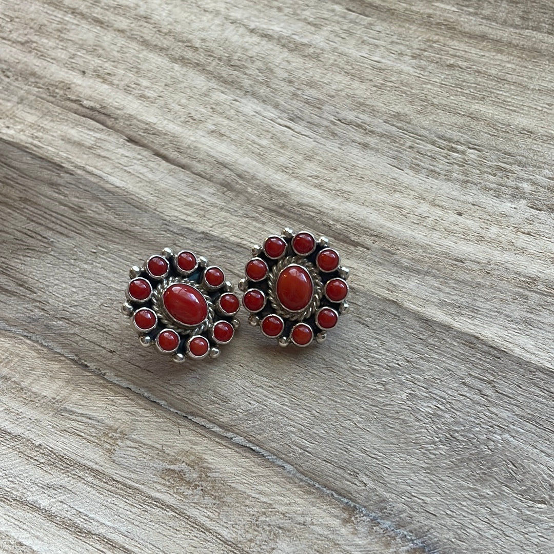 Vintage Navajo Natural Coral And Sterling Silver Post Earrings
