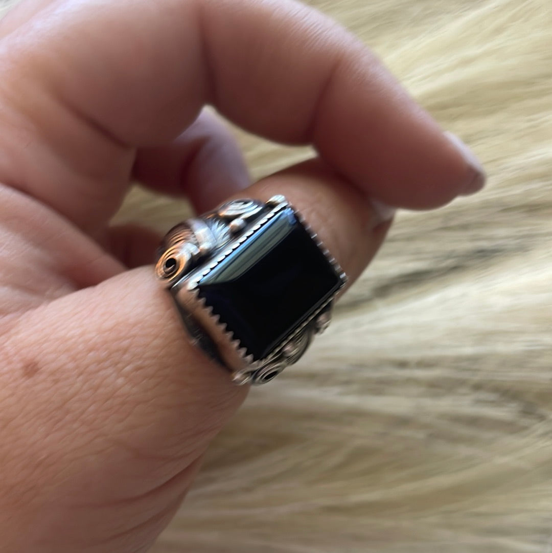 Navajo Sterling Silver & Black Onyx Rectangluar Ring Size 9.5