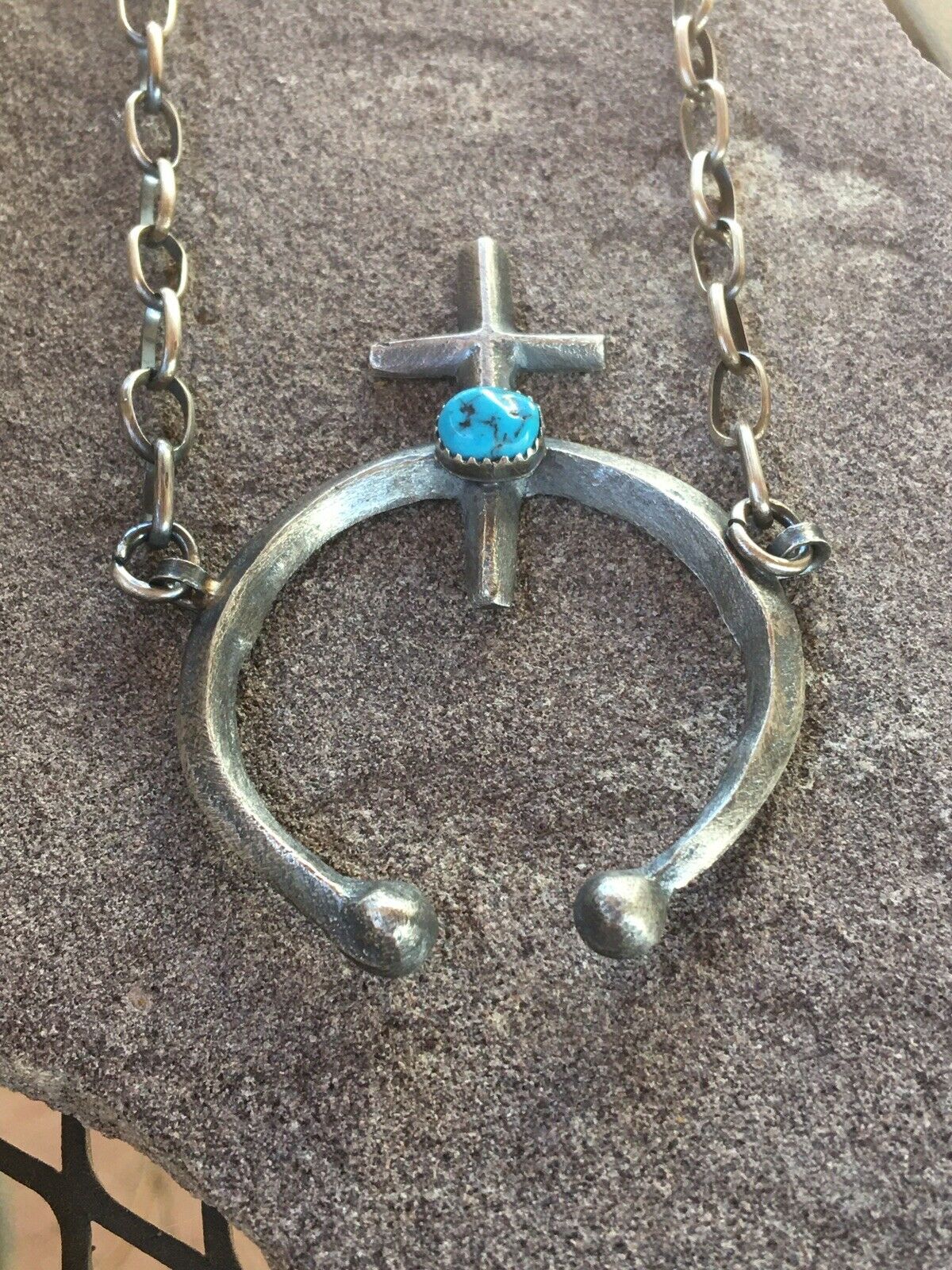 Navajo Turquoise Sterling Silver Naja Cross Necklace Signed