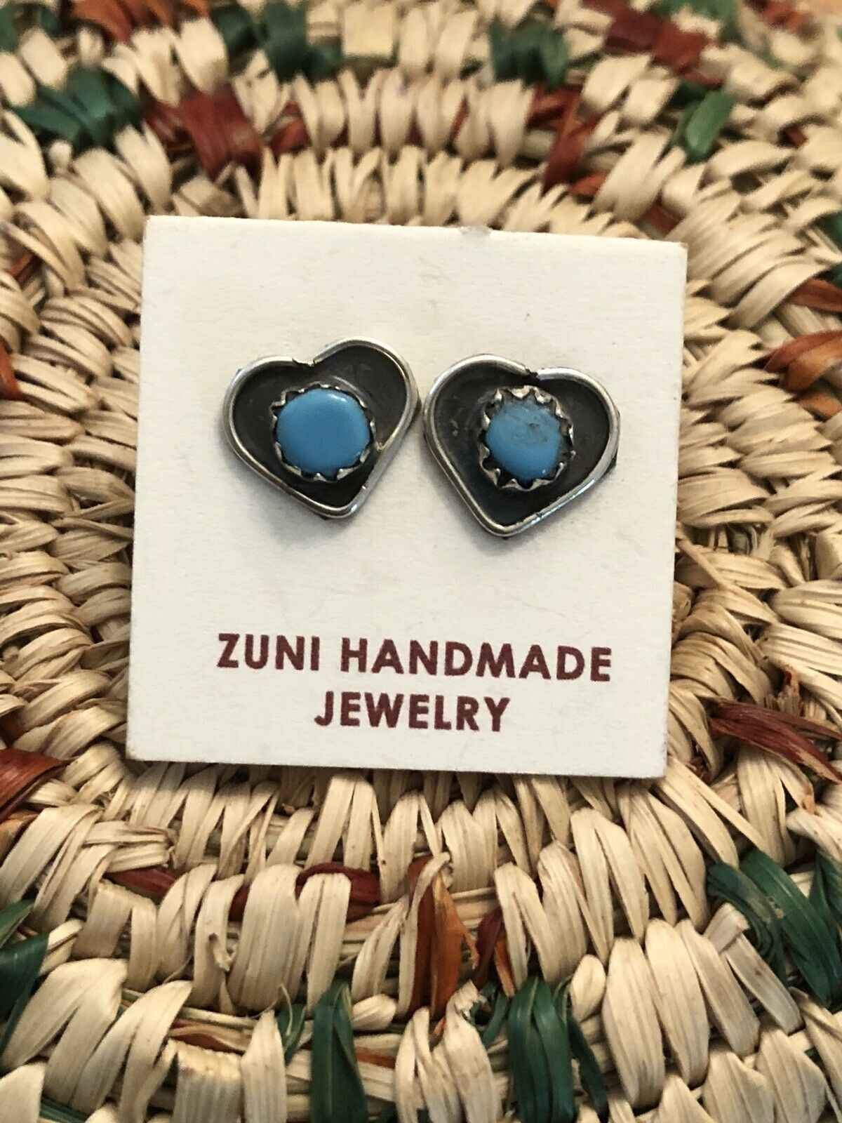 Zuni Sterling Silver And Turquoise Stud Heart Earrings