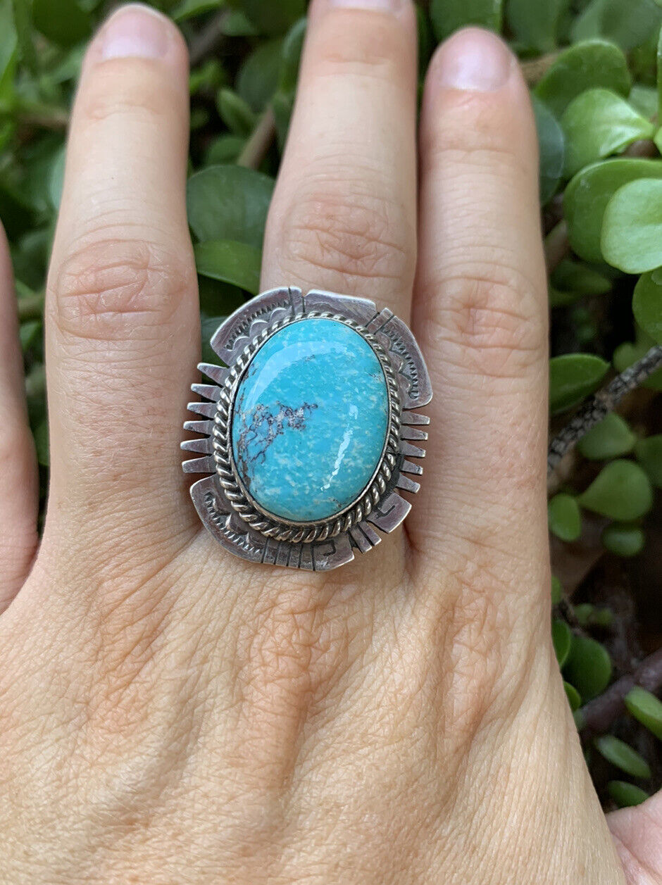 Navajo Kingman Turquoise Stamped Sterling Silver Signed Statement Ring