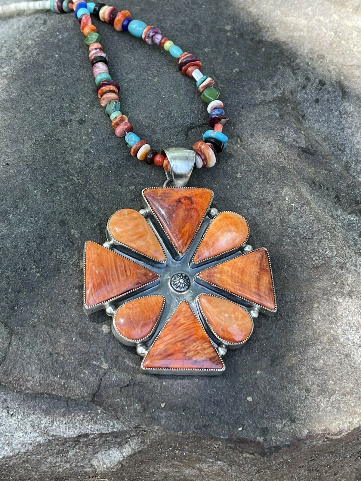 Navajo Sterling Silver Orange Spiny Jumbo Cluster Pendant