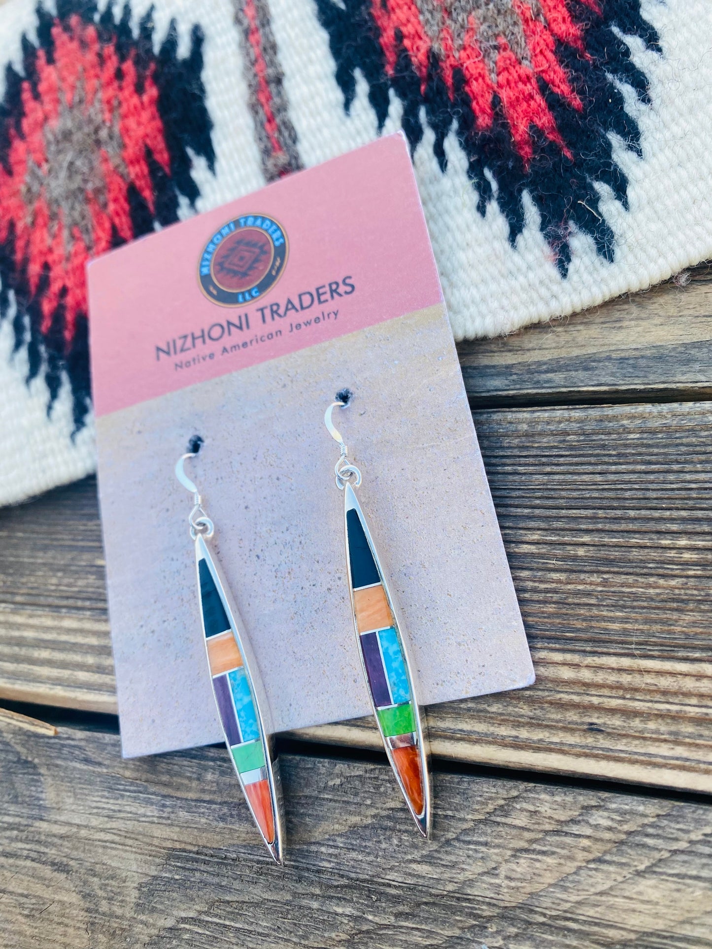 Navajo Multi Stone & Sterling Silver Inlay Dangle Earrings