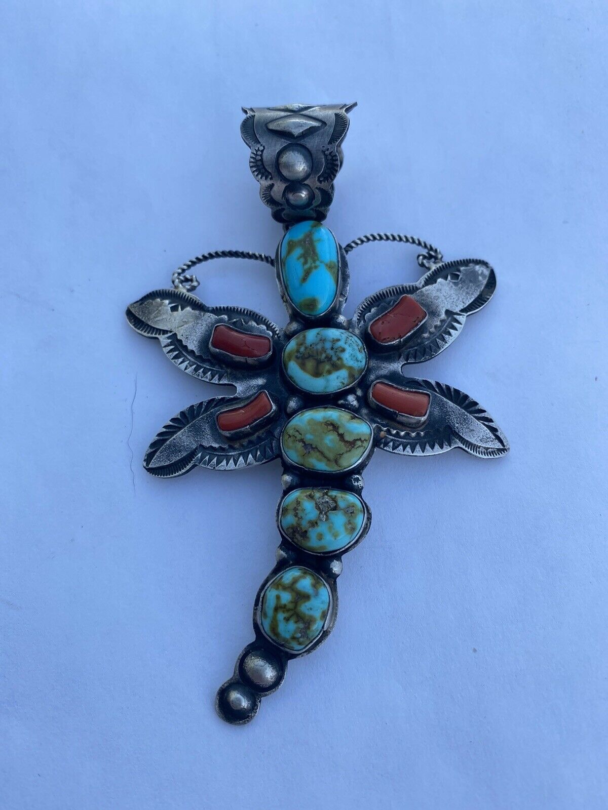 Shawn Cayatenito Sterling Silver Kingman Turquoise & Coral Dragonfly Pendant