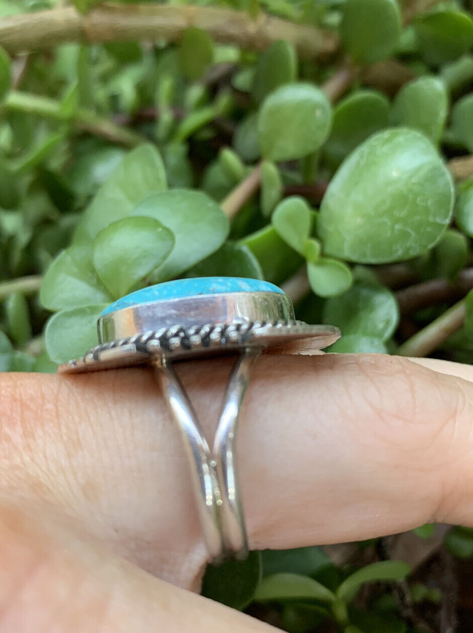 Navajo Kingman Turquoise Stamped Sterling Silver Signed Statement Ring