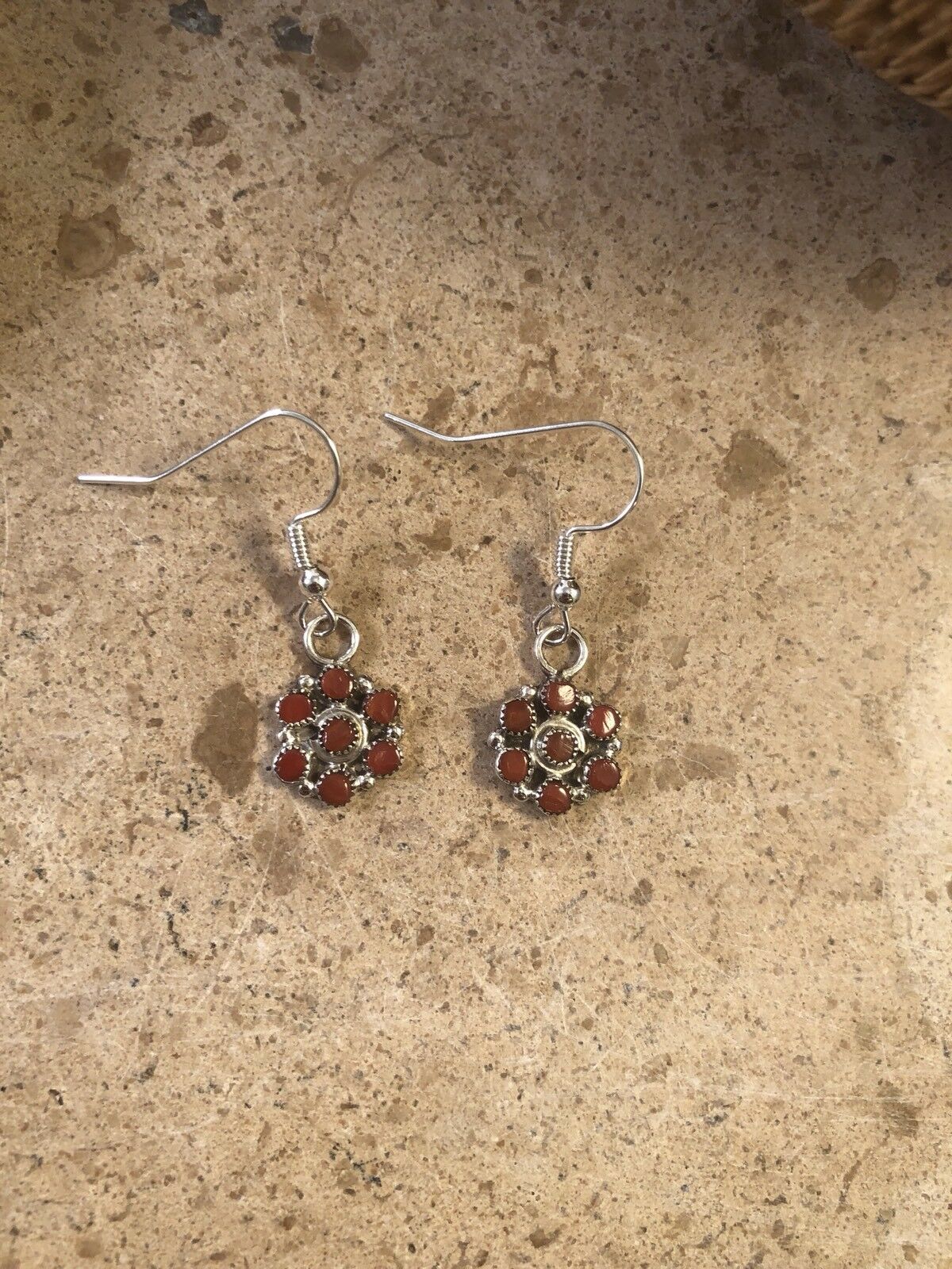 Zuni Petit Point Red Coral Sterling Silver Dangle Earrings
