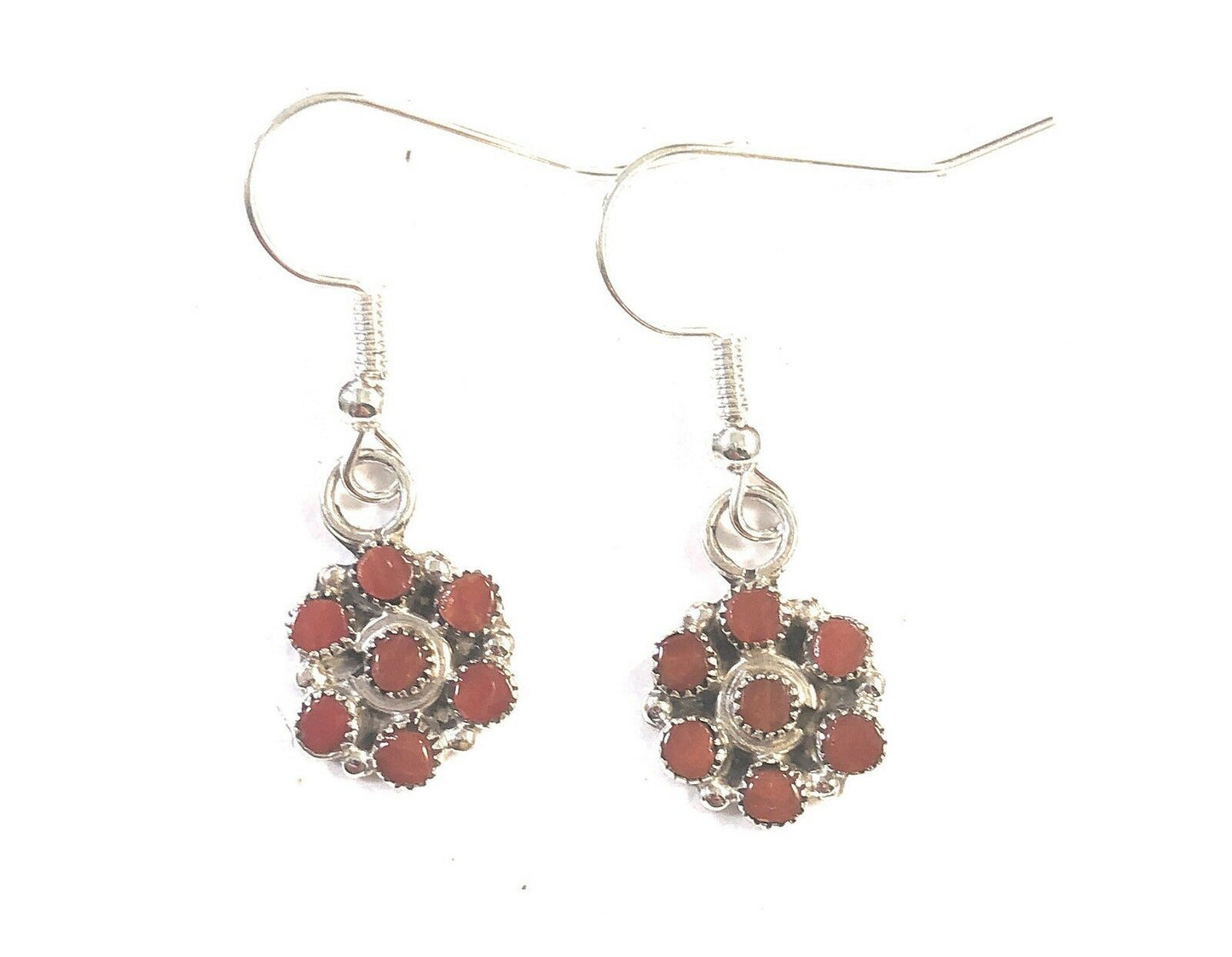 Zuni Petit Point Red Coral Sterling Silver Dangle Earrings
