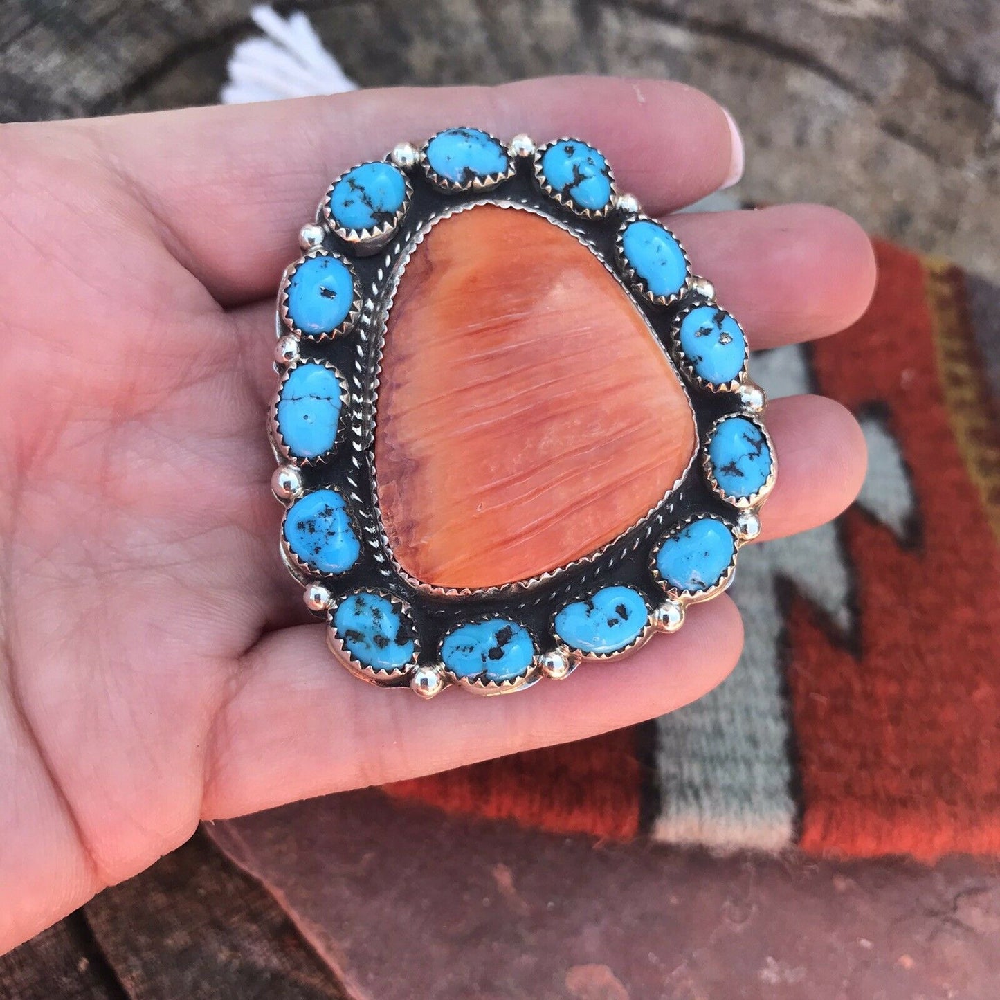 Navajo Cluster Turquoise Spiny Oyster Sterling Silver Ring Sz 8