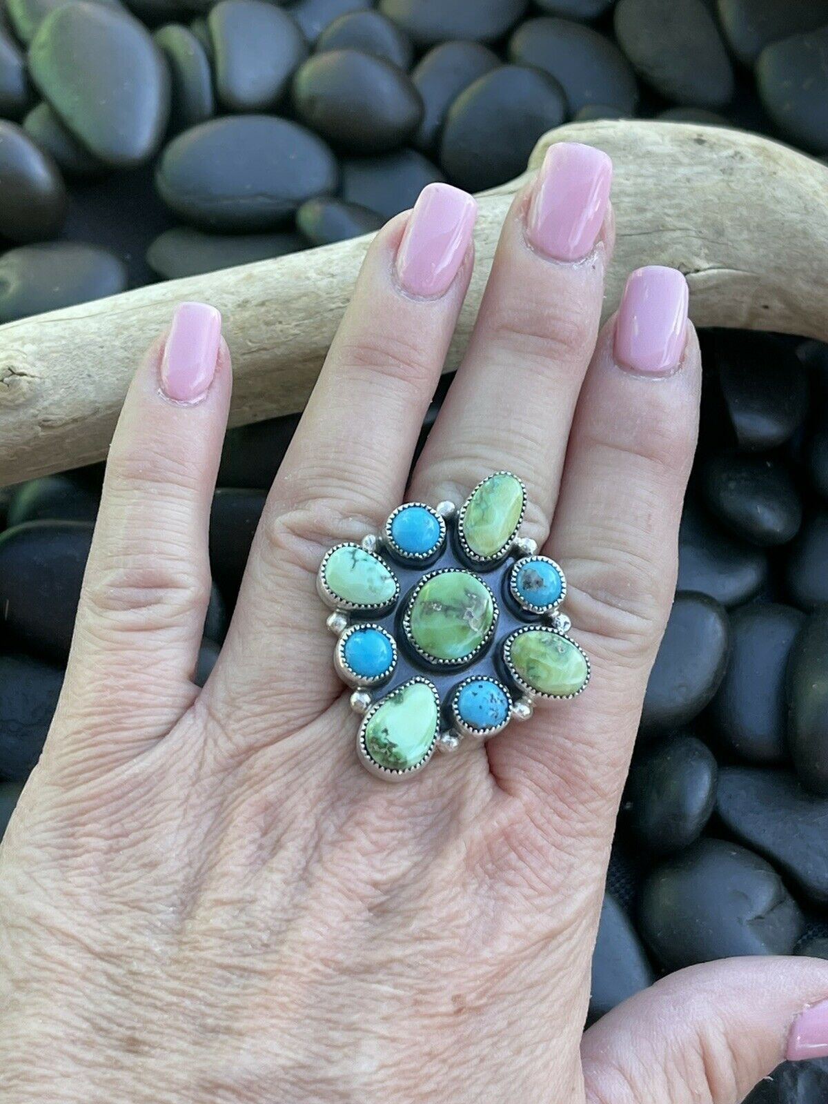 Navajo Sterling Sonoran Gold And Golden Hills Turquoise Cluster Ring Size 8.5