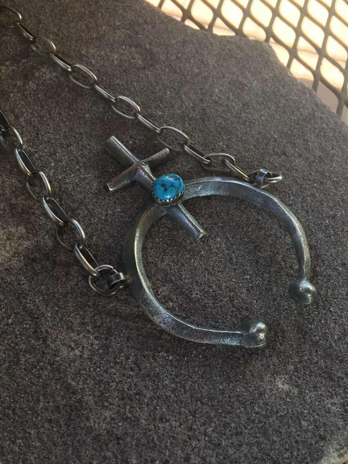 Navajo Turquoise Sterling Silver Naja Cross Necklace Signed