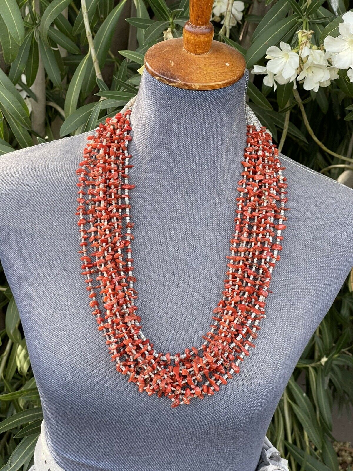 Vintage Old Pawn Navajo Natural Coral Beaded Turquoise & Heishi Necklace