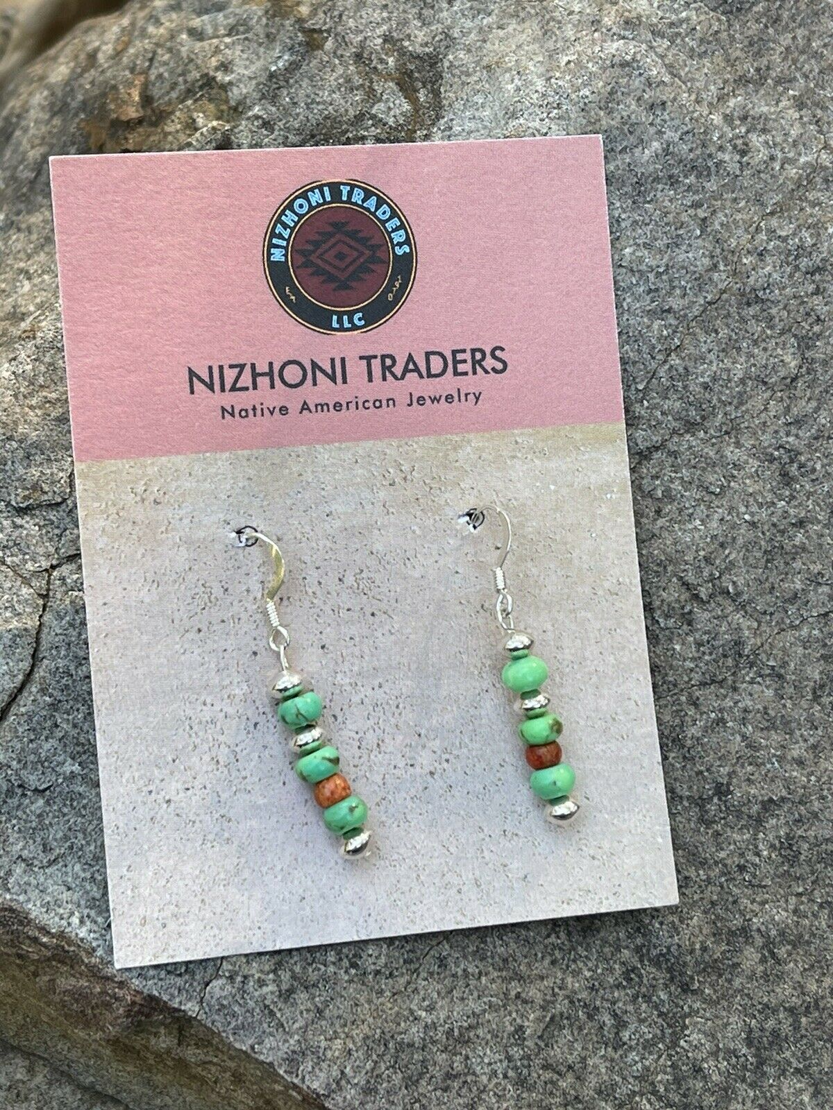 Navajo Sterling Apple Coral & Green Kingman Turquoise Dangle Bead Earrings