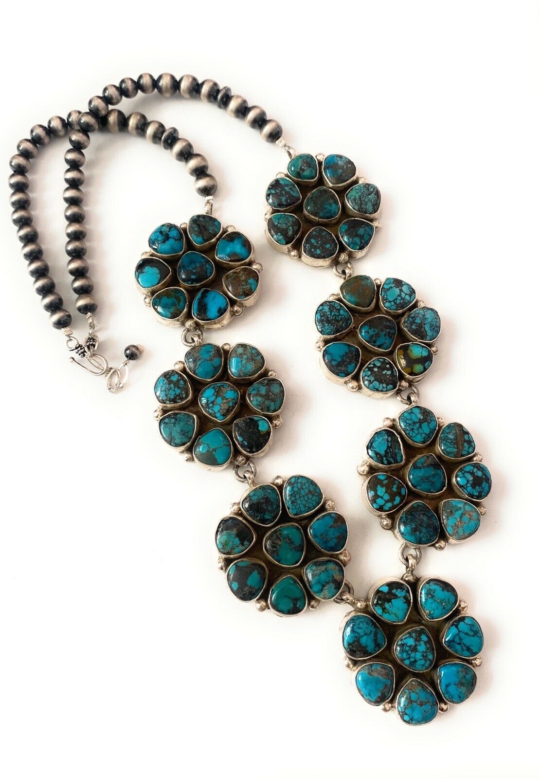 Navajo Natural Kingman & Sterling Silver Cluster Necklace