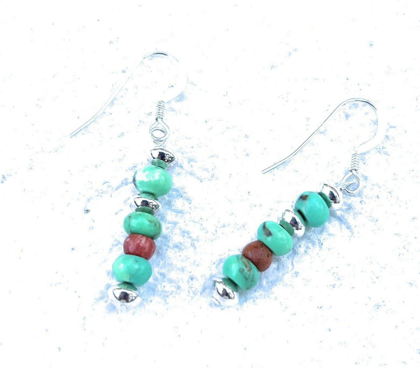 Navajo Sterling Apple Coral & Green Kingman Turquoise Dangle Bead Earrings