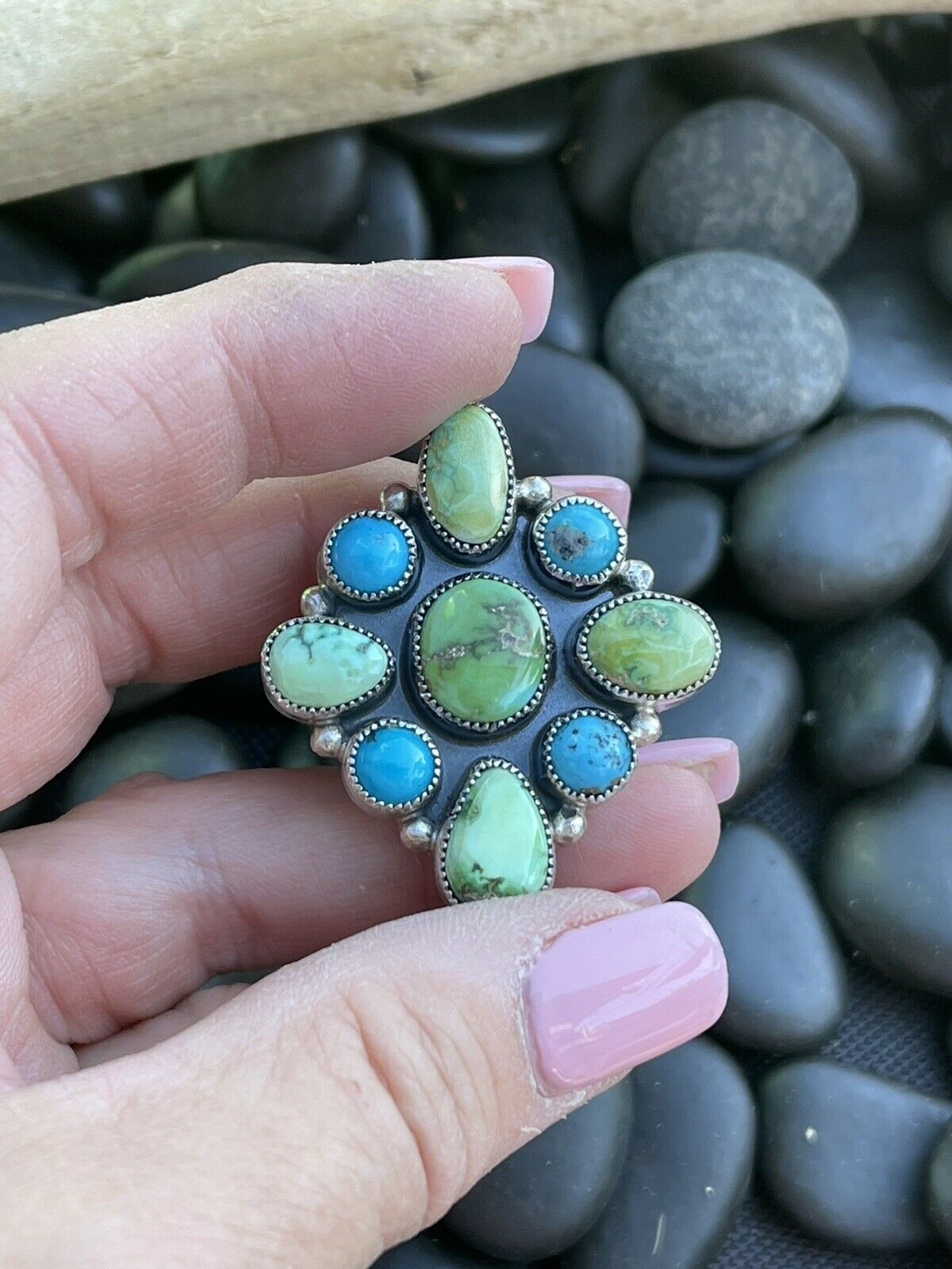 Navajo Sterling Sonoran Gold And Golden Hills Turquoise Cluster Ring Size 8.5