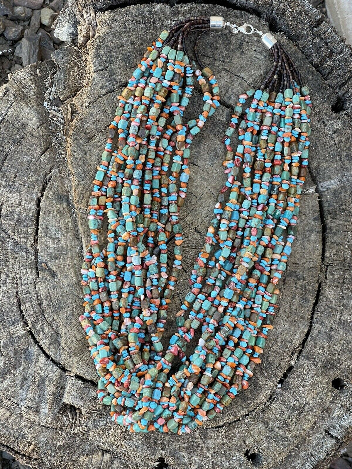 Navajo Turquoise Multi Stone & Sterling Silver 15 Strand Beaded Necklace