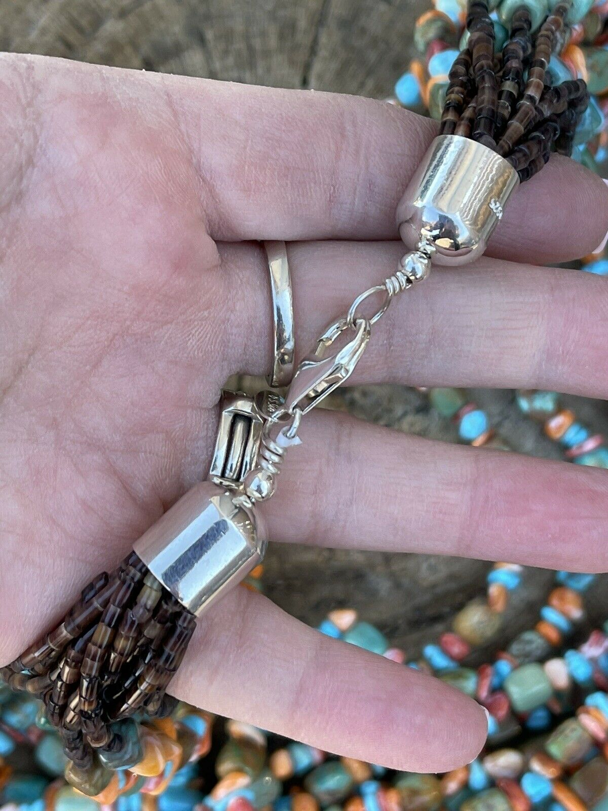 Navajo Turquoise Multi Stone & Sterling Silver 15 Strand Beaded Necklace