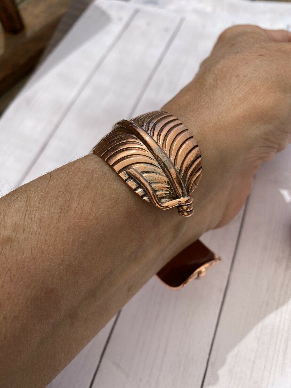 Navajo Copper Hand Stamped Feather Bracelet Cuff