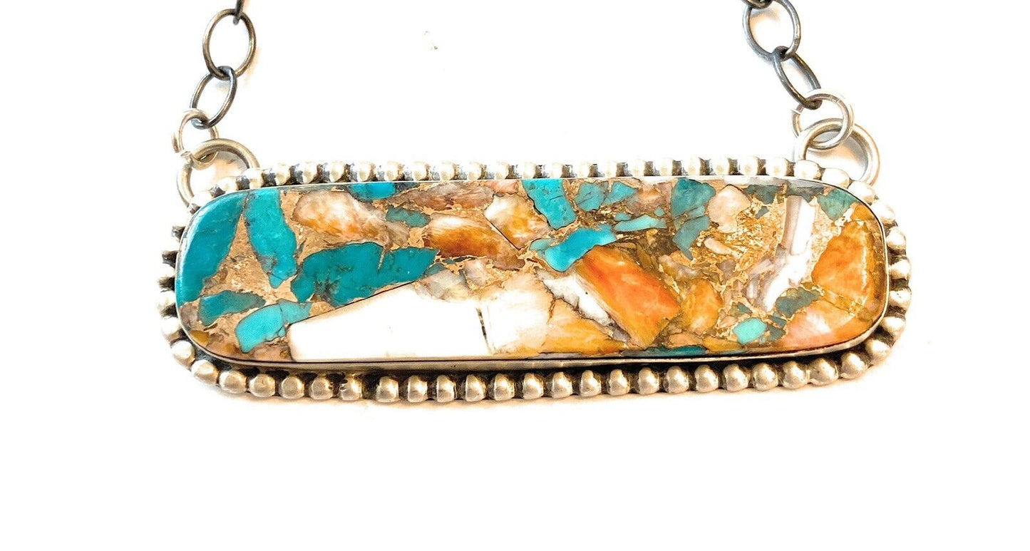 Navajo Multi Stone Sterling Silver Long Oval Bar Necklace