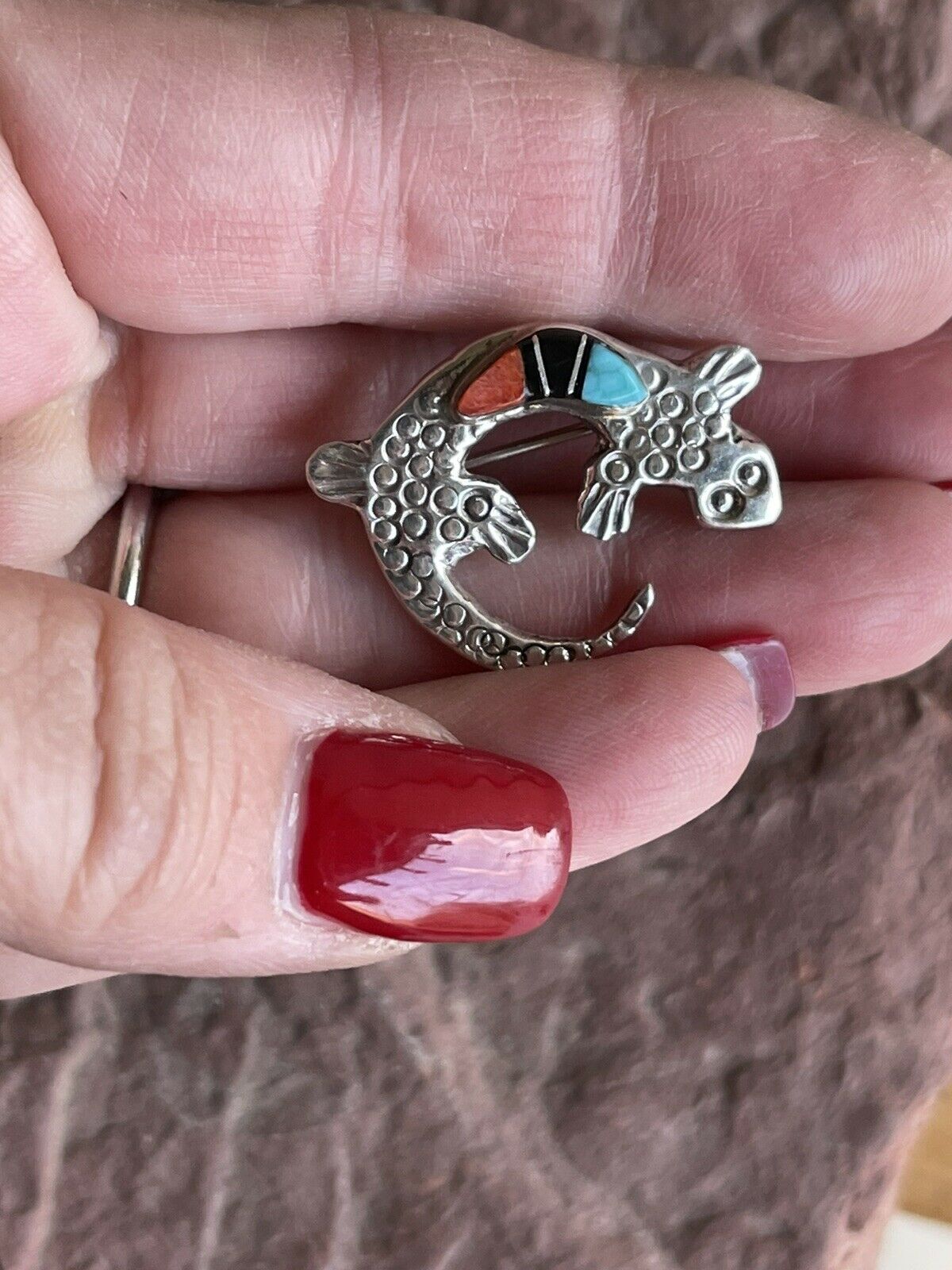 Navajo Sterling Silver Turquoise, Onyx and Spiny Stone Lizard Pendant Pin Signed
