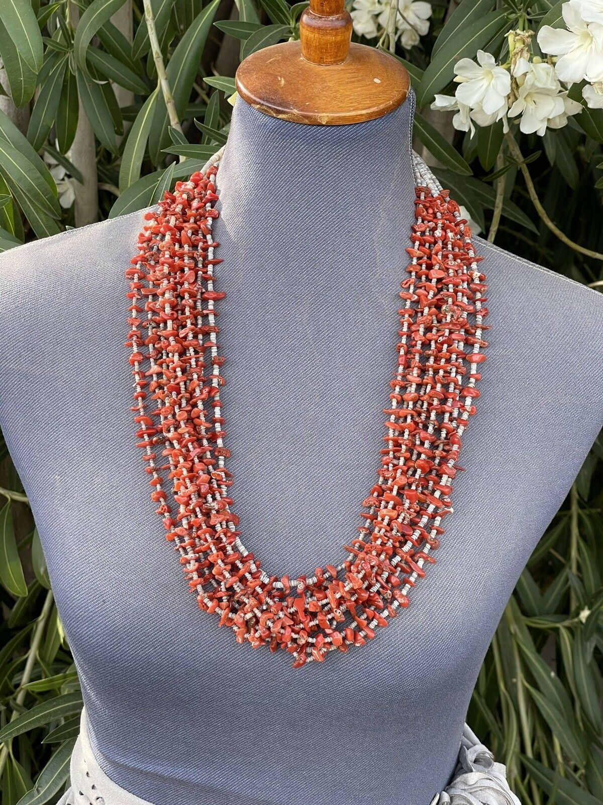 Vintage Old Pawn Navajo Natural Coral Beaded Turquoise & Heishi Necklace