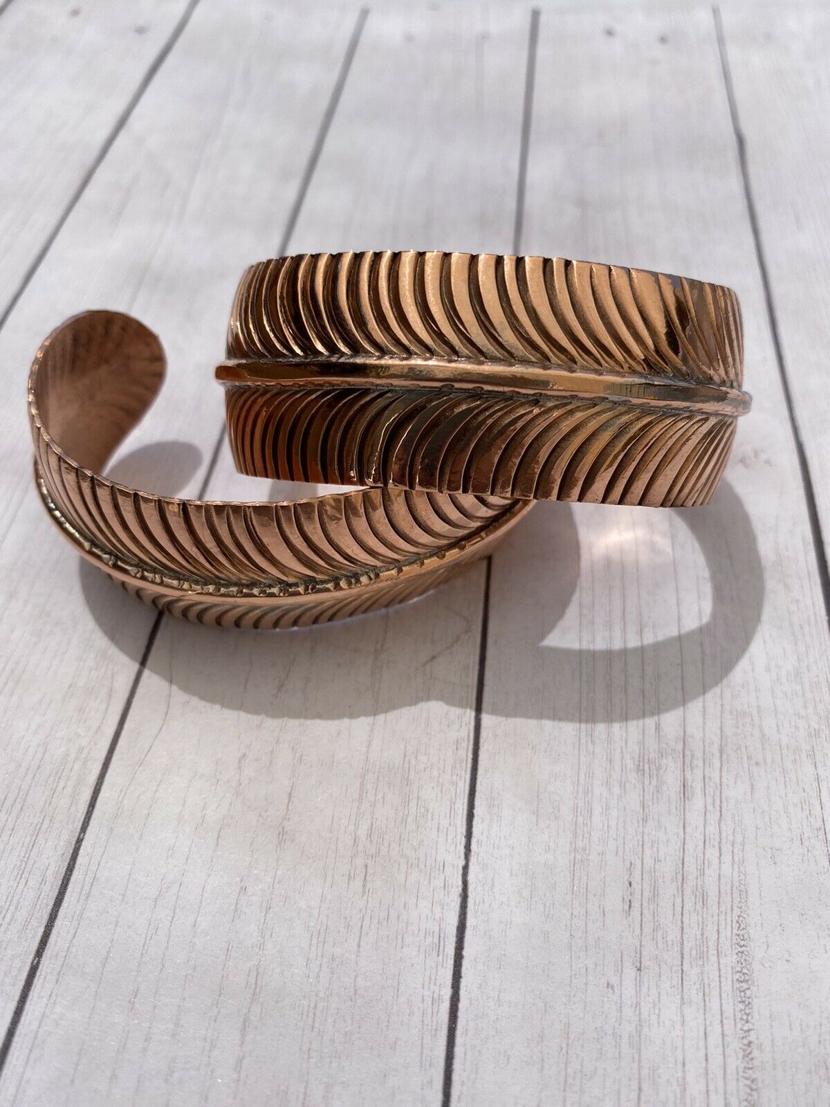 Navajo Copper Hand Stamped Feather Bracelet Cuff