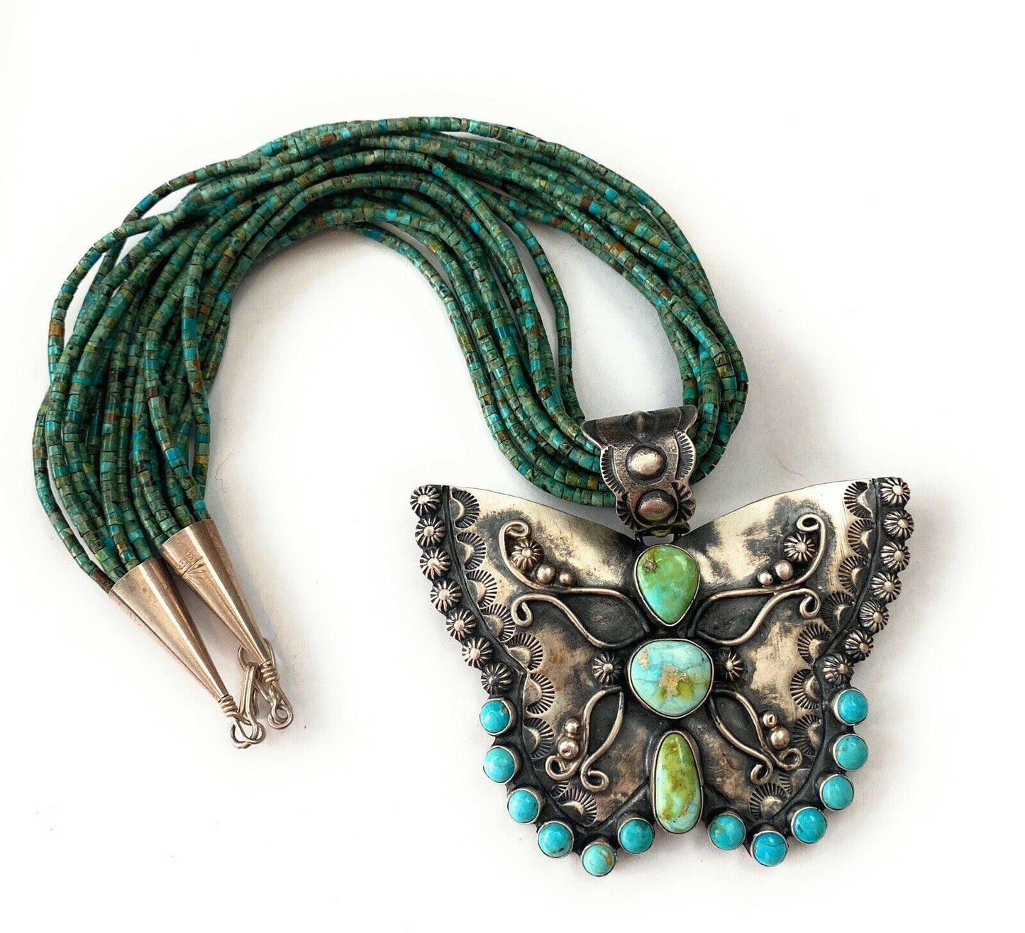 Navajo Sonoran Mountain Turquoise & Sterling Silver Butterfly Necklace Signed