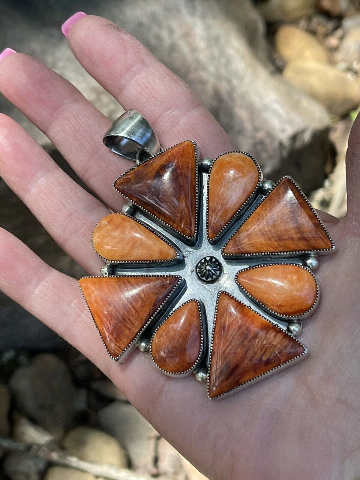Navajo Sterling Silver Orange Spiny Jumbo Cluster Pendant