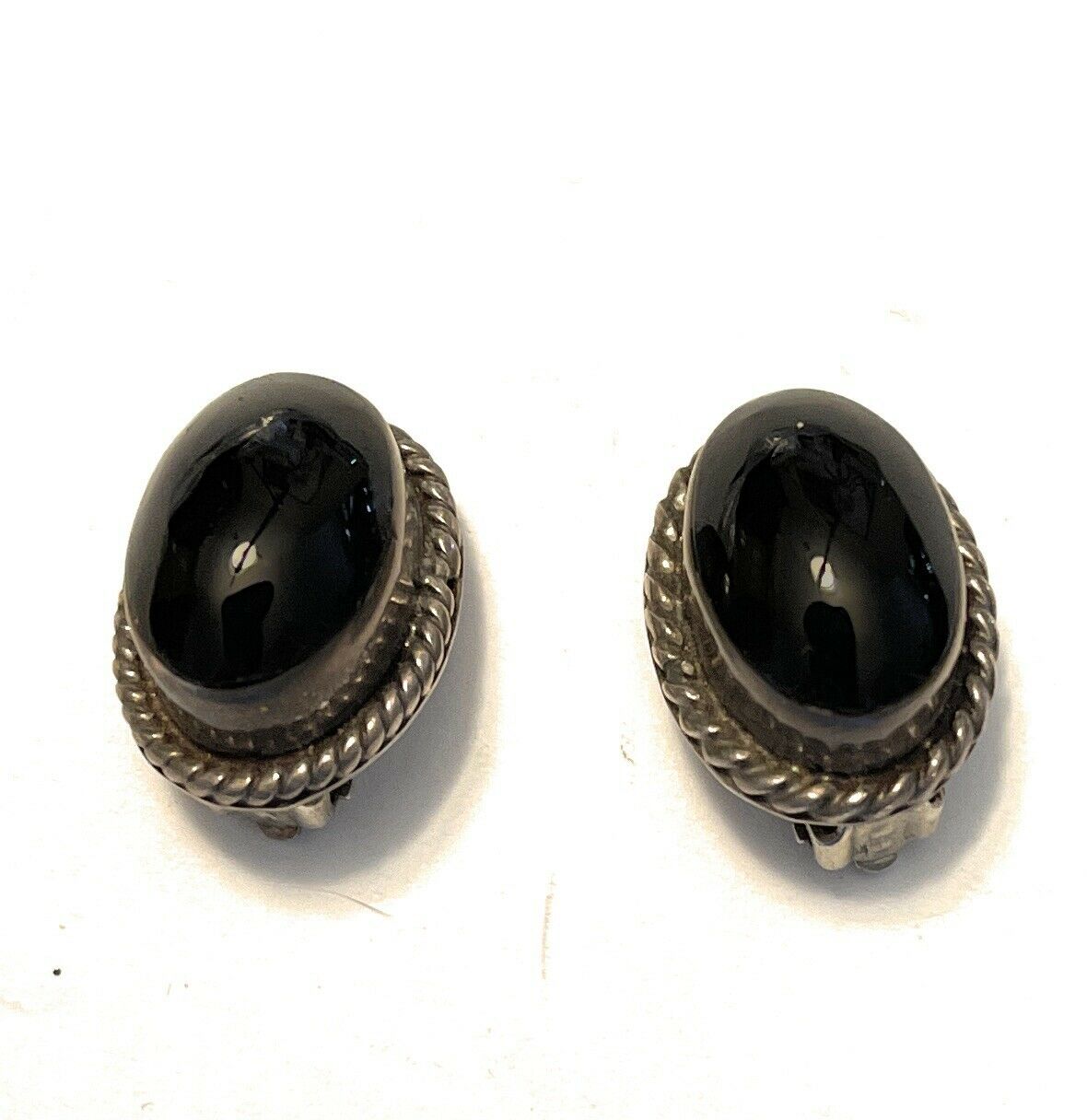 Vintage Navajo Sterling Silver Black Onyx Oval Clip On Earrings Signed