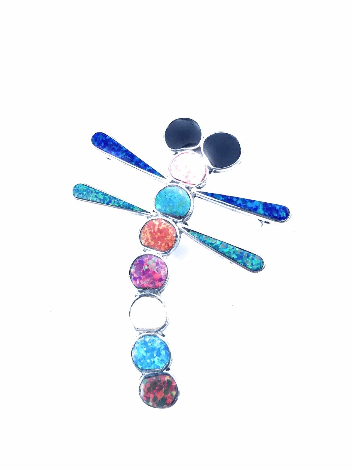 Navajo Sterling Silver & Multi Color Opal Stone Dragonfly Pendant Pin Signed