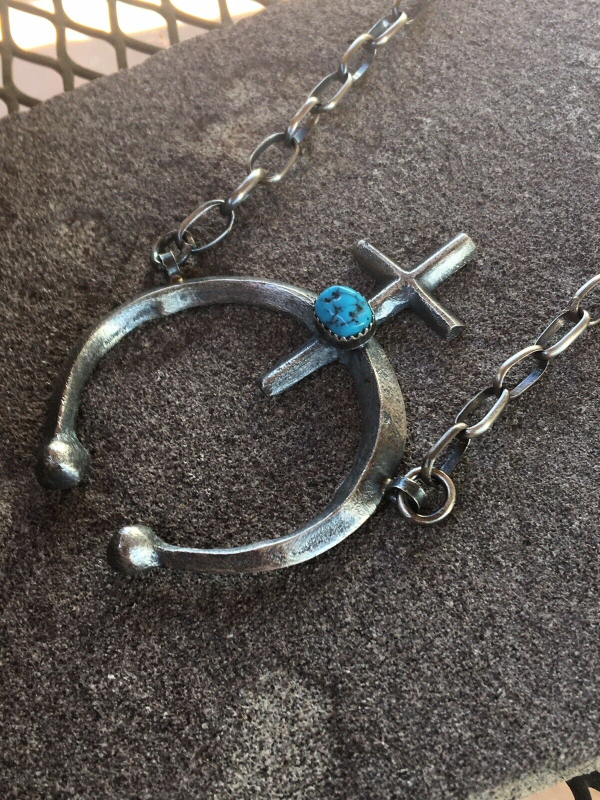 Navajo Turquoise Sterling Silver Naja Cross Necklace Signed