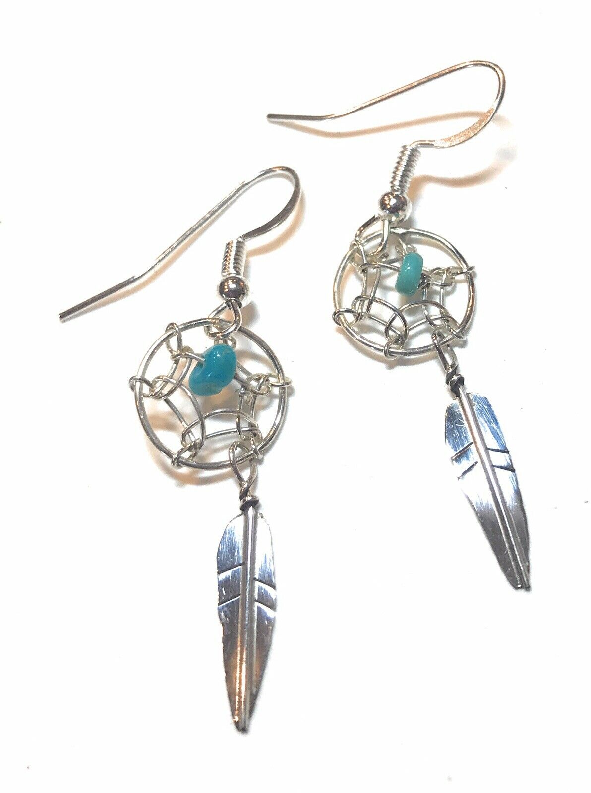 Navajo Sterling Silver Turquoise Dream Catcher, Dangle Earrings