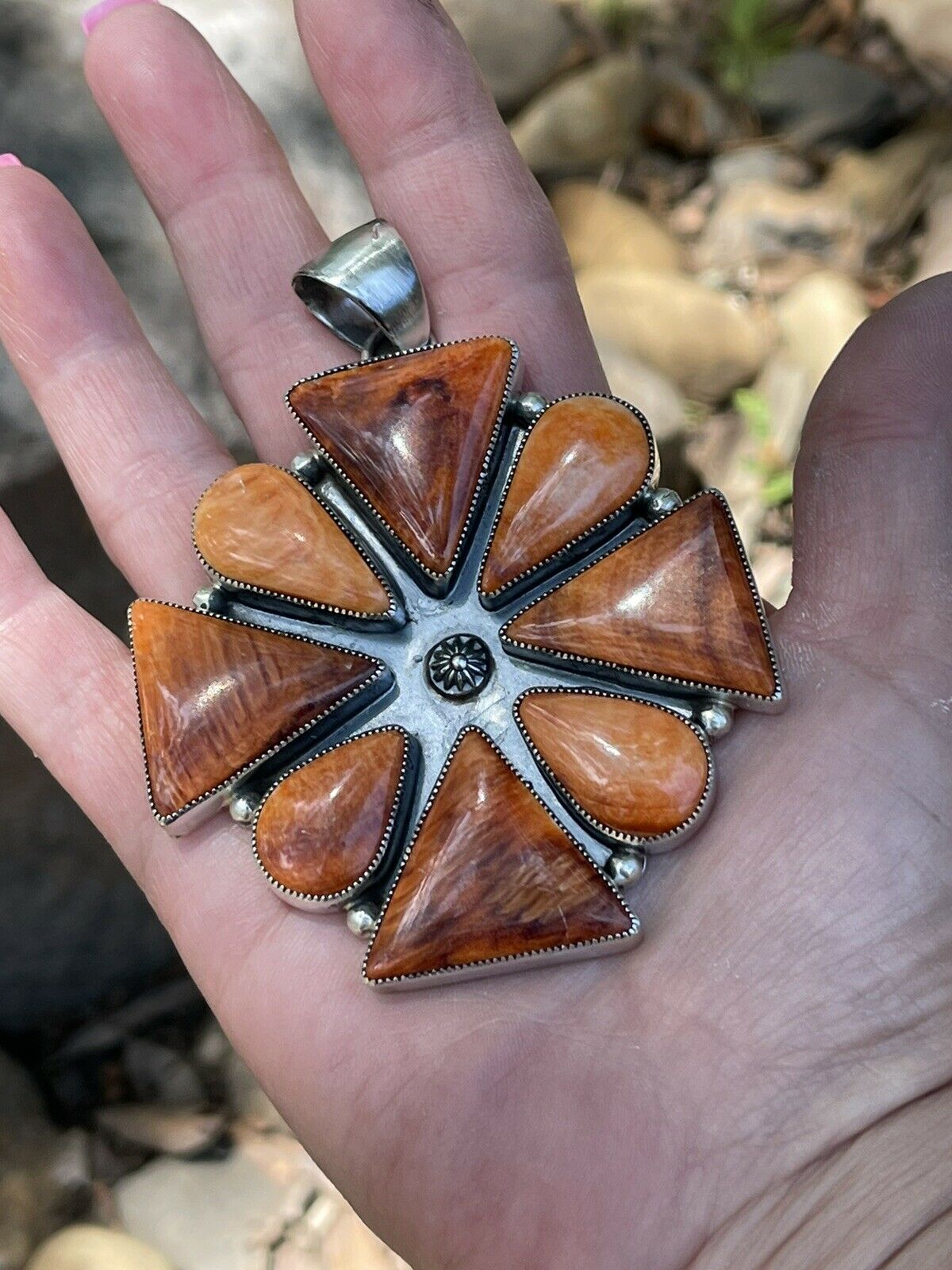 Navajo Sterling Silver Orange Spiny Jumbo Cluster Pendant