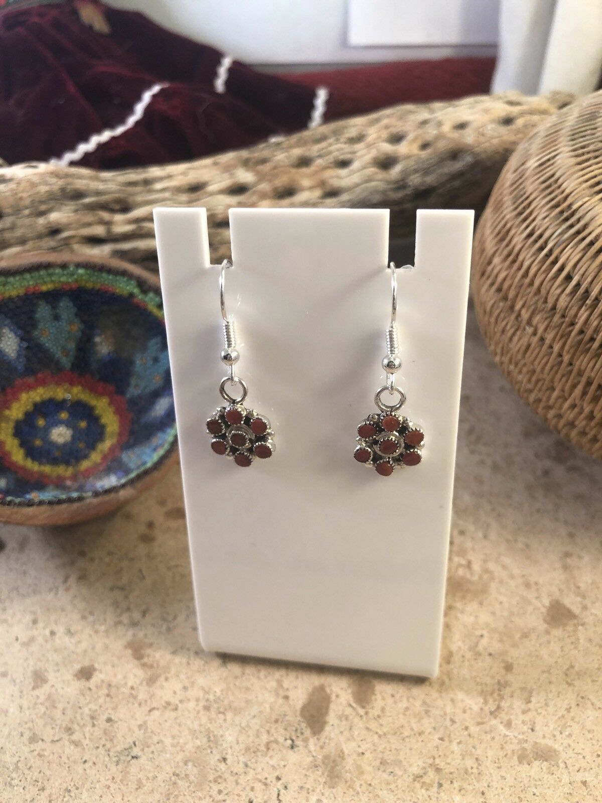 Zuni Petit Point Red Coral Sterling Silver Dangle Earrings